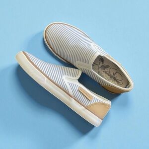 Tommy Bahama Slip-On Striped Sneakers in White and Tan